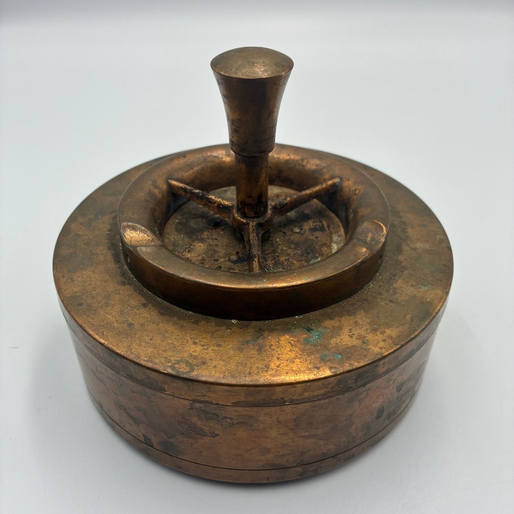 Vintage Solid Brass Spin Ashtray Push Down Mechanical Tobacciana Antique Patina